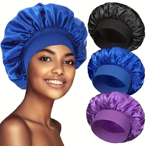 Solid Color Wide Elastic Band Satin Sleep Bonnet Soft Night Sleeping Cap - Picture 1 of 5